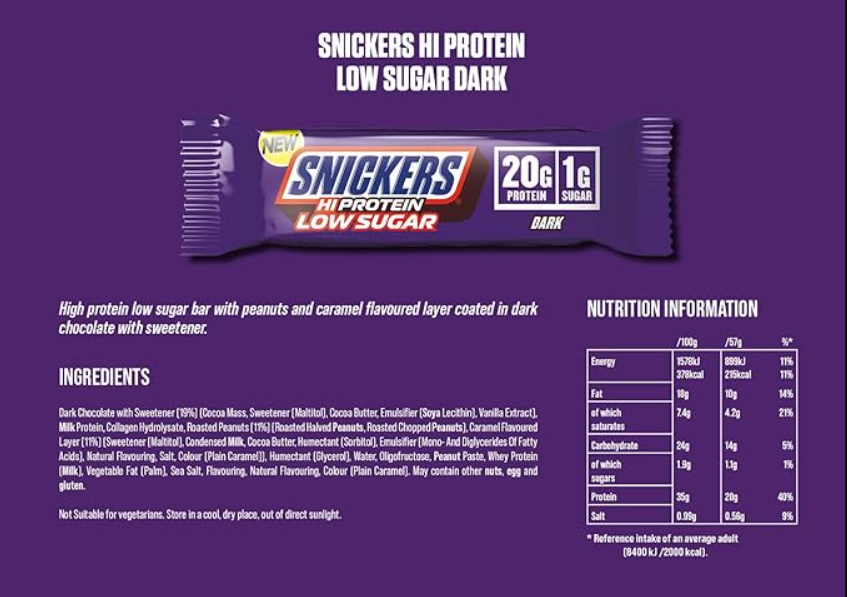 Snickers Hi Protein Bar Low Sugar 57g Dark Choco