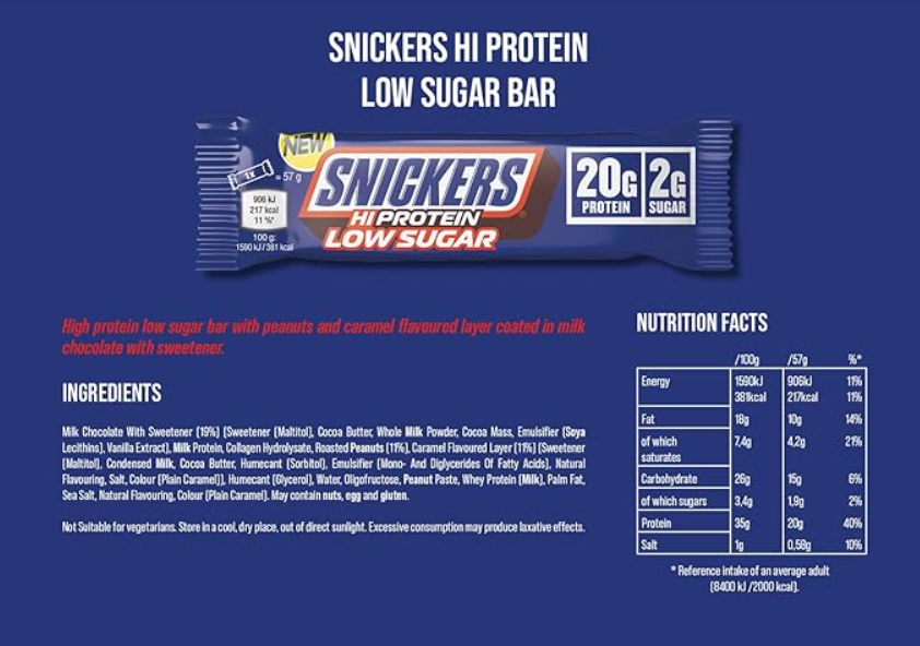 Snickers Hi Protein Bar Low Sugar 57g Milk Choco 3 Snickers Hi Protein Bar Low Sugar 57g Milk Choco 3
